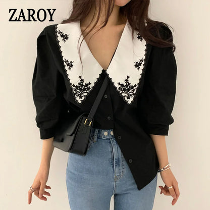 ZAROY camisas قمصان وبلوزات Élégant Broderie Dentelle Femmes Chemisier Fleur Demi Manches Chemise Blanche Printemps Automne Femmes Top