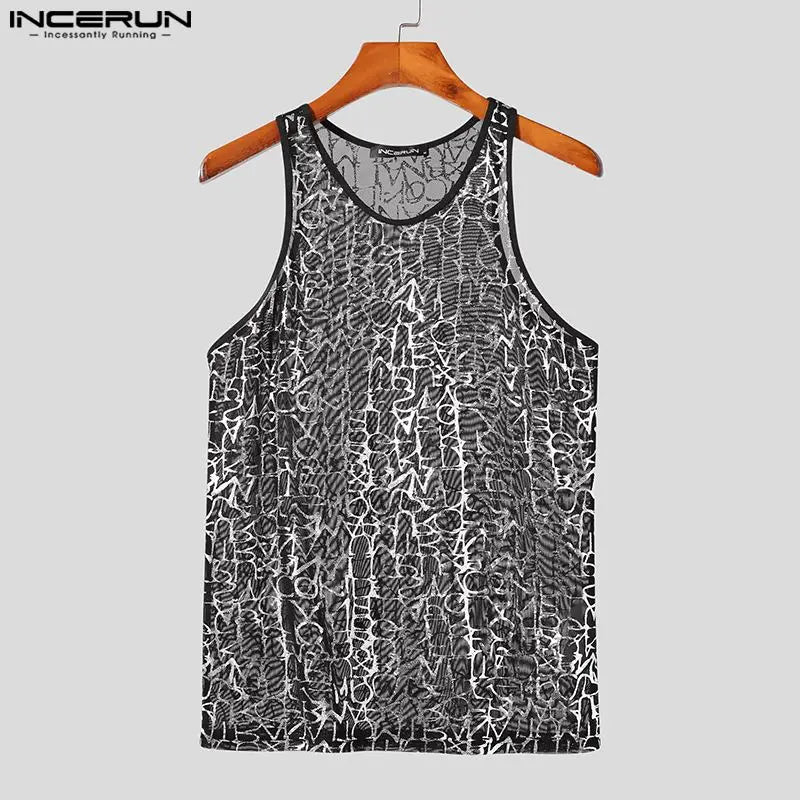 2023 Men Tank Tops Mesh Transparent Printing O-neck Sexy Sleeveless Fashion Vests Fitness Streetwear Shiny Men Clothing INCERUN