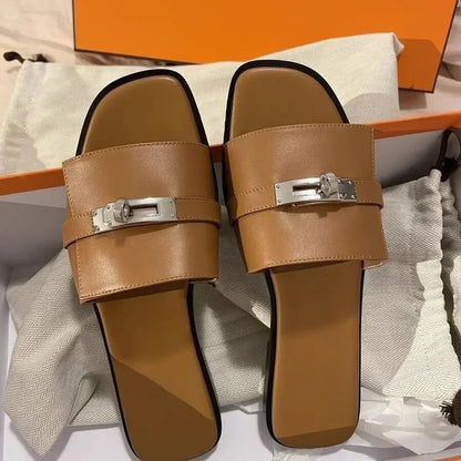 Pantoufles à talons plats et bout ouvert pour femmes, décor en métal, Mules de styliste pour dames, diapositives de piste de marque, offre spéciale, 2024