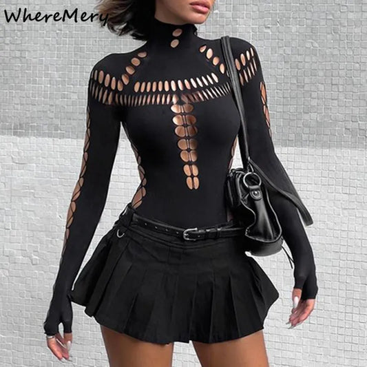 WhereMery-body liso con cuello alto para mujer, camisetas sexys ajustadas de manga larga, ropa de calle gótica Punk