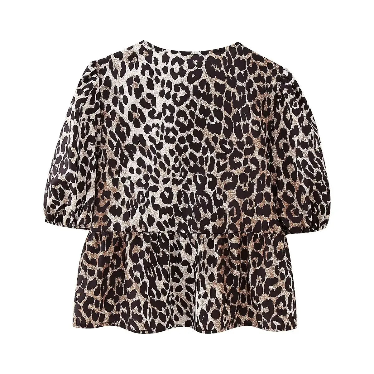 Camisa de verano con correa, blusa de leopardo con cordones, Top corto con mangas abullonadas, ropa de verano para mujer