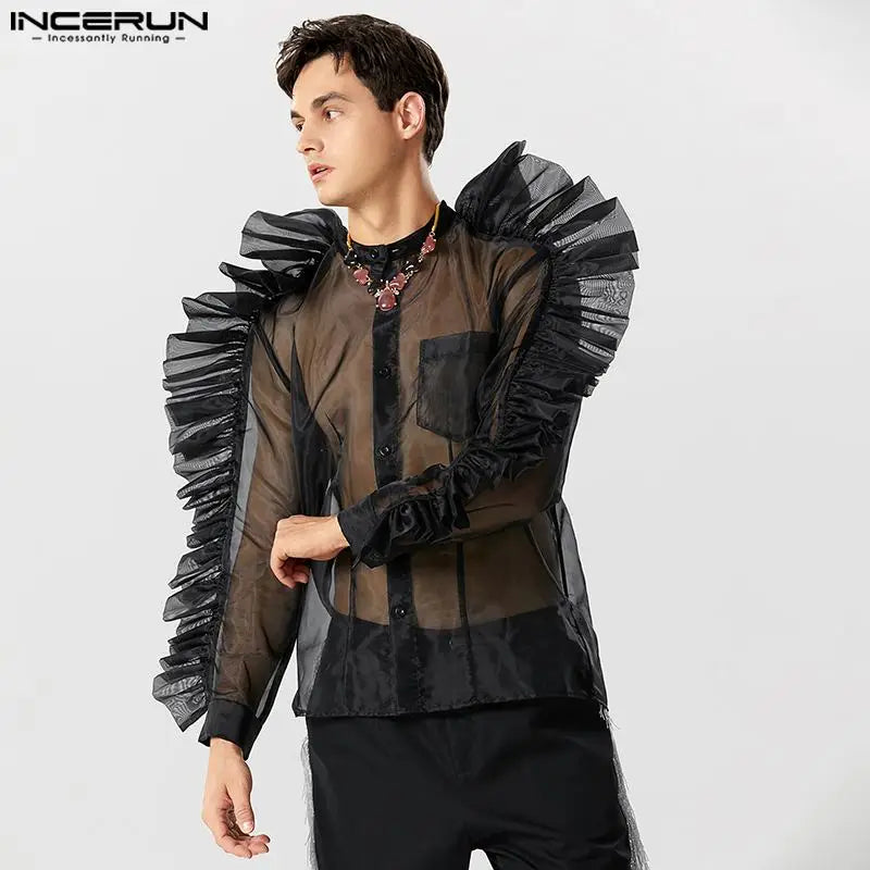 INCERUN – chemise en maille Patchwork plissée pour hommes, col montant, manches longues, Streetwear, Sexy, transparente, chemises de fête, à la mode, 2023