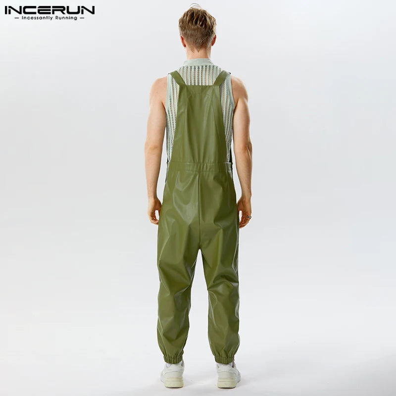 2023 Men Jumpsuits Faux Leather Solid Sleeveless Streetwear Suspender Rompers Pockets Loose Fashion Casual Male Overalls INCERUN