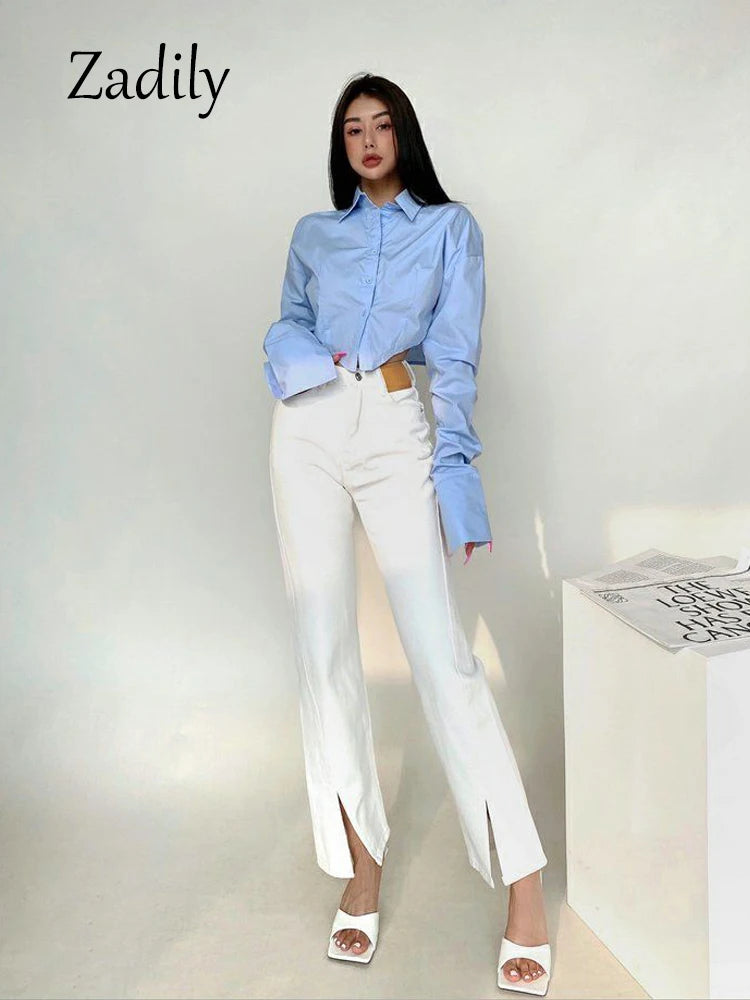 Zadily 2023 primavera estilo coreano camisa blanca de manga larga mujeres Sexy botón señoras Crop Tops blusa calle nueva en ropa femenina