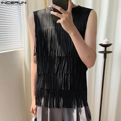 2023 Men Tank Tops Tassel O-neck Sleeveless Summer Streetwear Male Vests Korean Style Fashion Casual Men Clothing S-5XL INCERUN