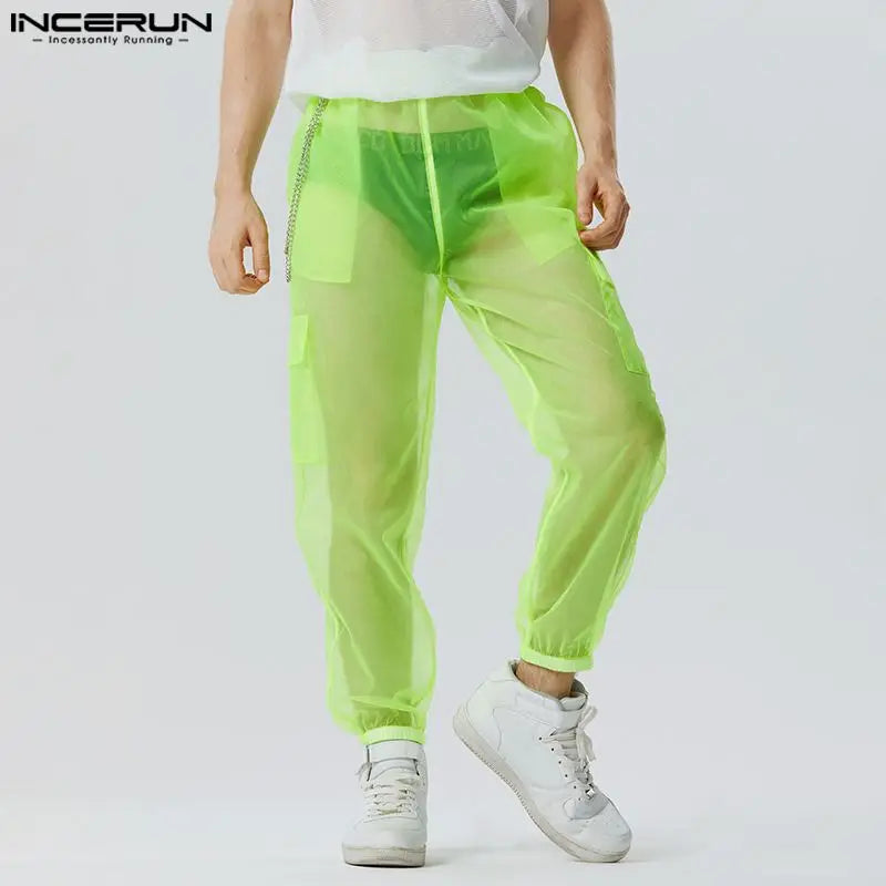 INCERUN-pantalones de malla transparente para hombre, pantalón Sexy con cintura elástica, ropa de calle holgada con bolsillos, S-5XL, moda 2023