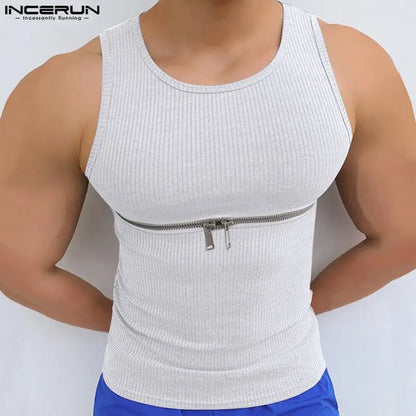 INCERUN 2023 hommes débardeurs fermeture éclair couleur unie Streetwear col rond sans manches élégant gilets maigre été décontracté hommes vêtements S-5XL