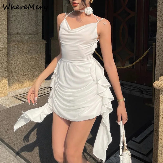 WhereMery elegante suave volantes espalda descubierta Mini Vestido estético verano sin mangas Halter vestidos blancos Sexy Vestido ajustado de corte bajo