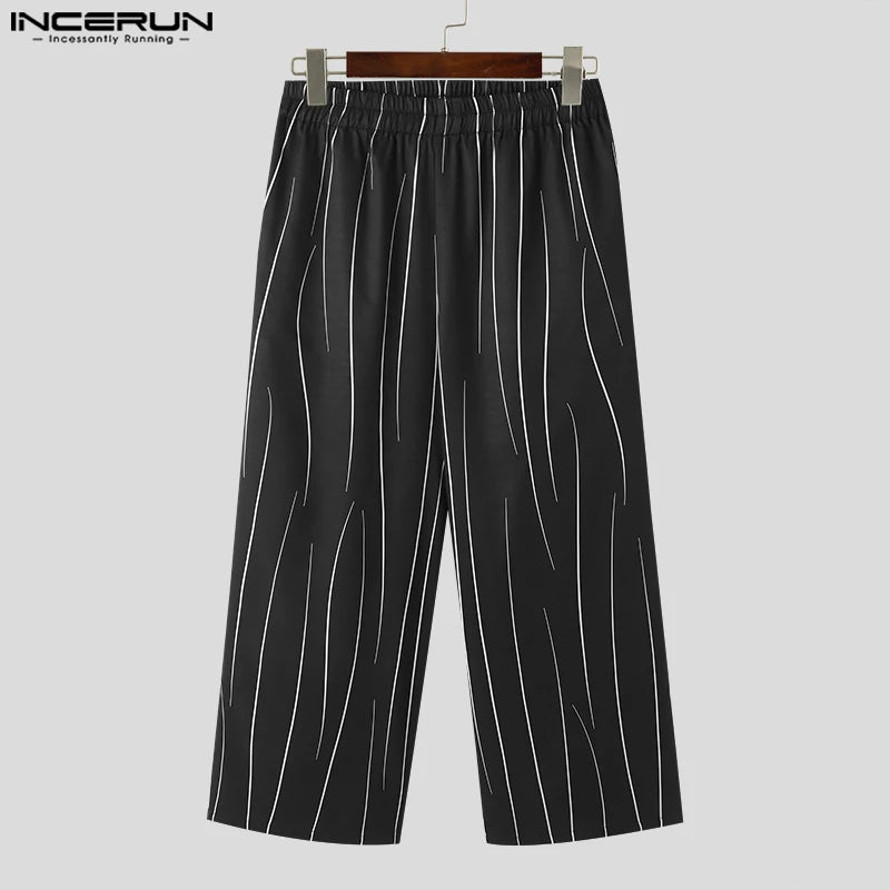 INCERUN-pantalones informales con estampado de cintura elástica para hombre, ropa informal suelta, moda coreana, pantalones largos, S-5XL, 2023