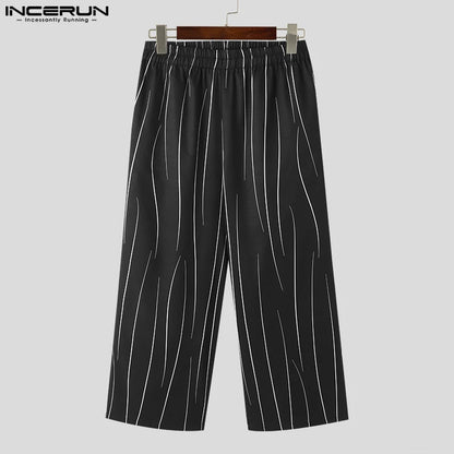 INCERUN-pantalones informales con estampado de cintura elástica para hombre, ropa informal suelta, moda coreana, pantalones largos, S-5XL, 2023