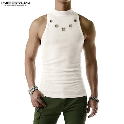 2023 Men Tank Tops Hollow Out Solid Turtleneck Sleeveless Fashion Male Vests Streetwear Summer Casual Men Clothing S-5XL INCERUN