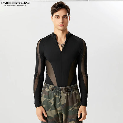 Body en maille Patchwork pour hommes, col en V, Streetwear, manches longues, fermeture éclair, t-shirt Transparent à la mode, INCERUN, 2023