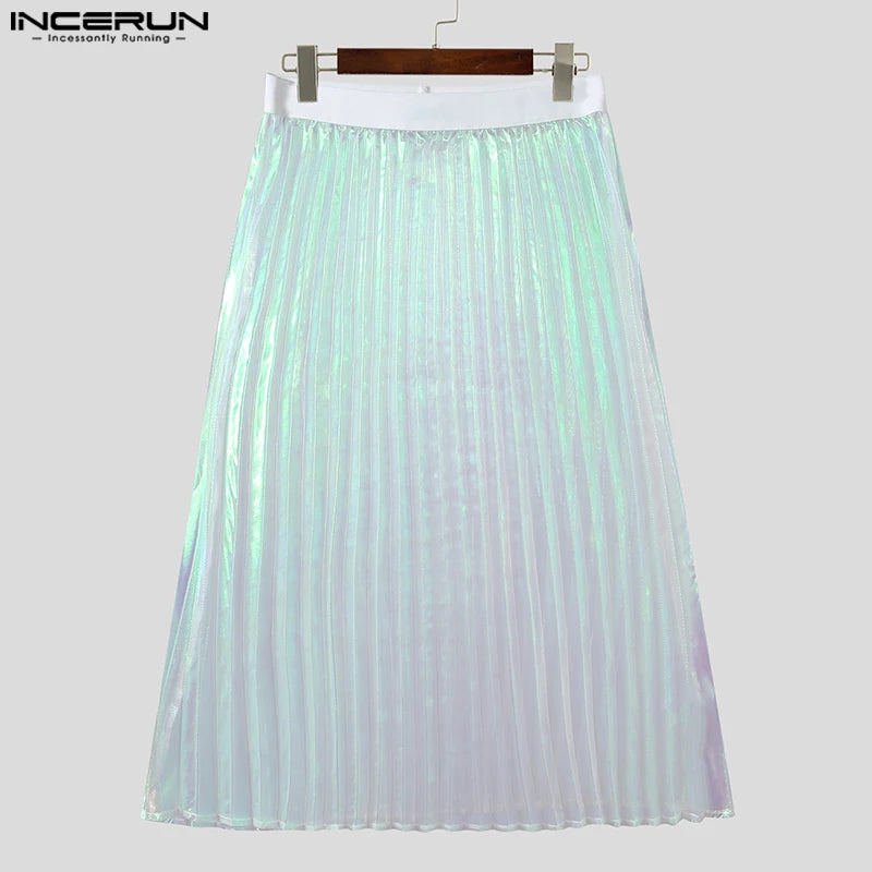 INCERUN-faldas plisadas para hombre, pantalones Unisex holgados transparentes con cintura elástica brillante, ropa de calle plisada a la moda, 2023