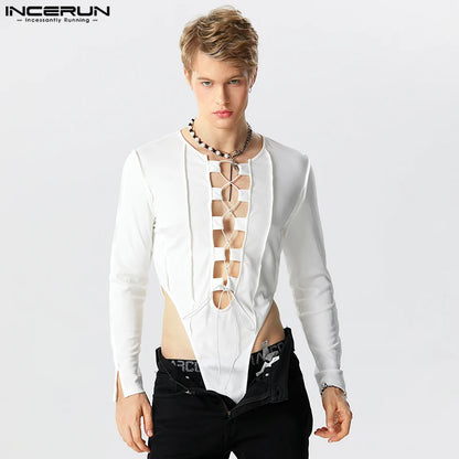 Monos con cuello de pico para hombre, ropa de calle con aberturas, peleles sexys de manga larga, camisetas para hombre, mono liso de moda INCERUN 7 2023