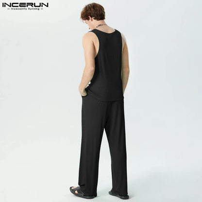 2024 Men Sets Solid Loose Streetwear O-neck Sleeveless Tank Tops & Pants Two Pieces Sets Fashion Men Casual Suits S-5XL INCERUN