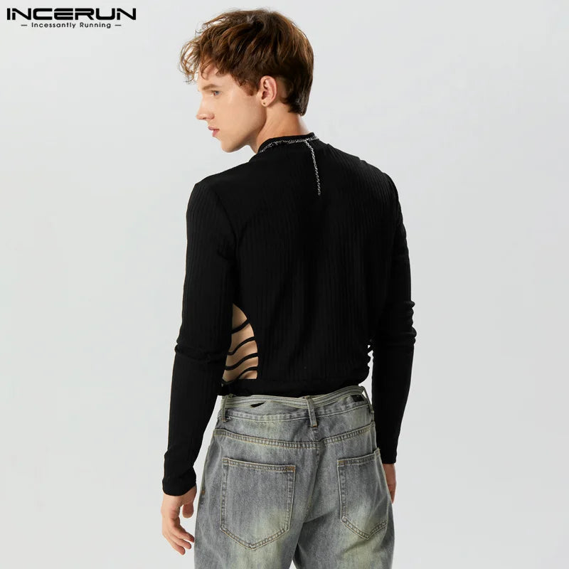 INCERUN 7 – body pour hommes, couleur unie, ajouré, col rond, manches longues, Streetwear, barboteuse, fermeture éclair, Fitness, mode, 2023, S-3XL