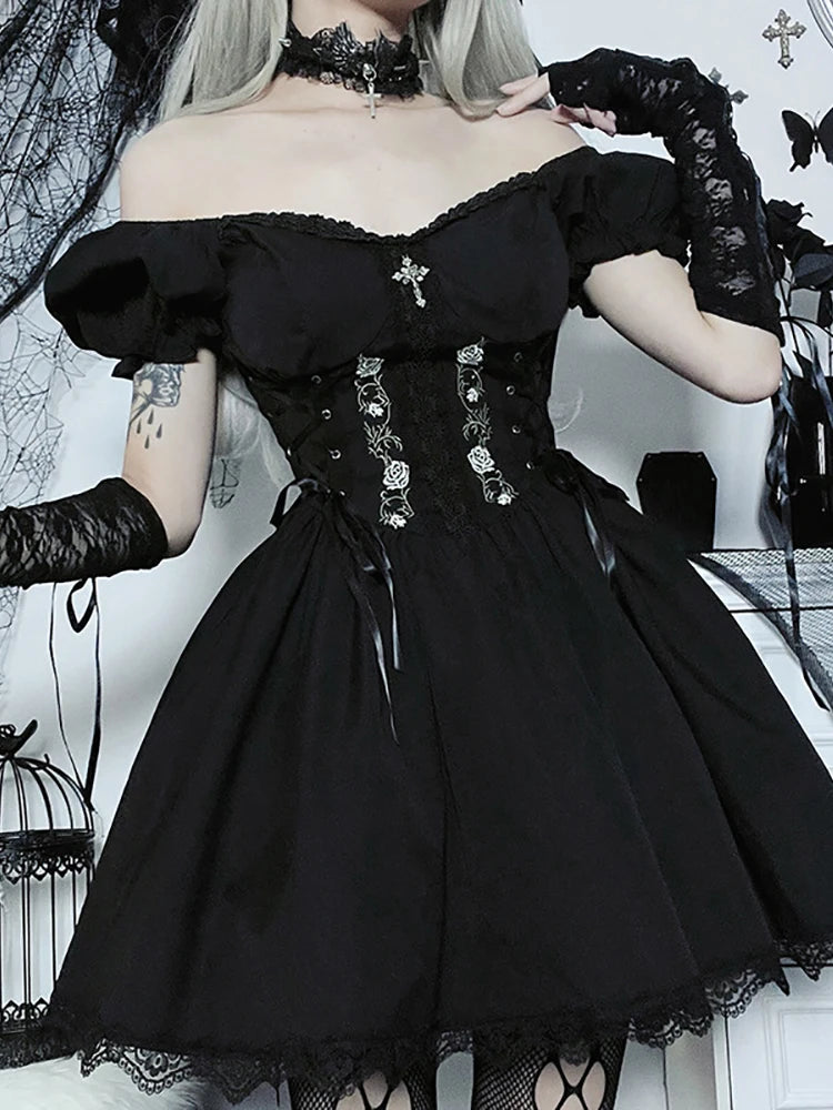 Goth Dark Lolita Mall gothique a-ligne kawaii Mini robes Style Grunge noir pansement Corset robe femmes Emo broderie Alt vêtements