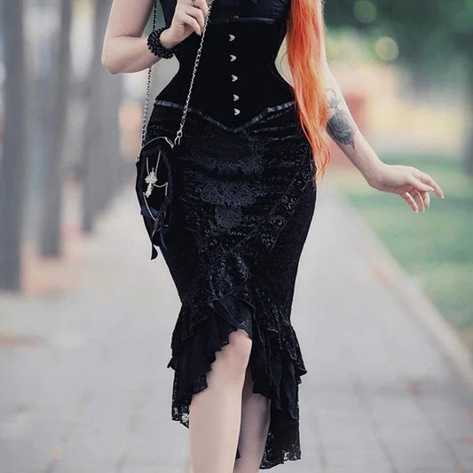 Goth Dark Vintage Mall Gothique Volants Sirène Jupes Grunge Punk Esthétique Dentelle Ourlet Midi Jupe Femmes Élégantes Soirée Alt Bas