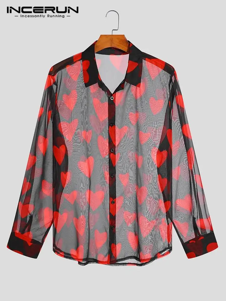 INCERUN 2023, Camisa a la moda para hombre, camisa estampada de malla transparente con solapa, ropa de calle de manga larga para fiesta y discoteca, Camisa informal Sexy 7