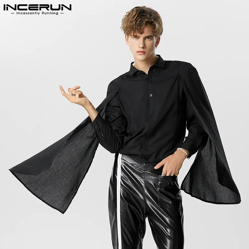 INCERUN 2023, camisa Irregular para hombre, Color sólido, solapa de retazos, ropa de calle de manga larga, Camisas casuales elegantes de otoño, S-5XL