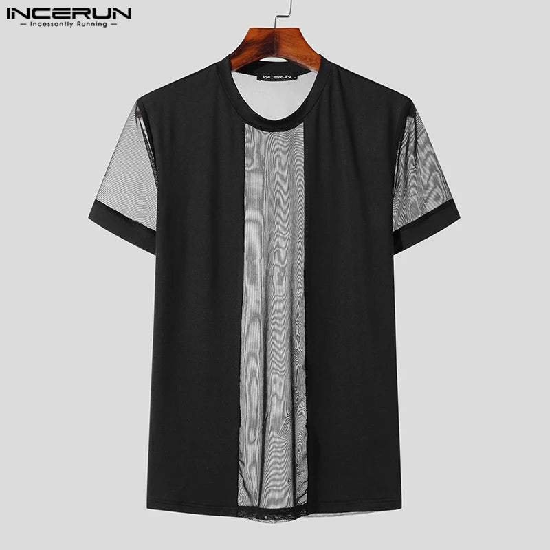 INCERUN-Camiseta de malla para hombre, ropa informal con diseño de varias telas, cuello redondo, manga corta, Sexy, transparente, S-5XL, 2023