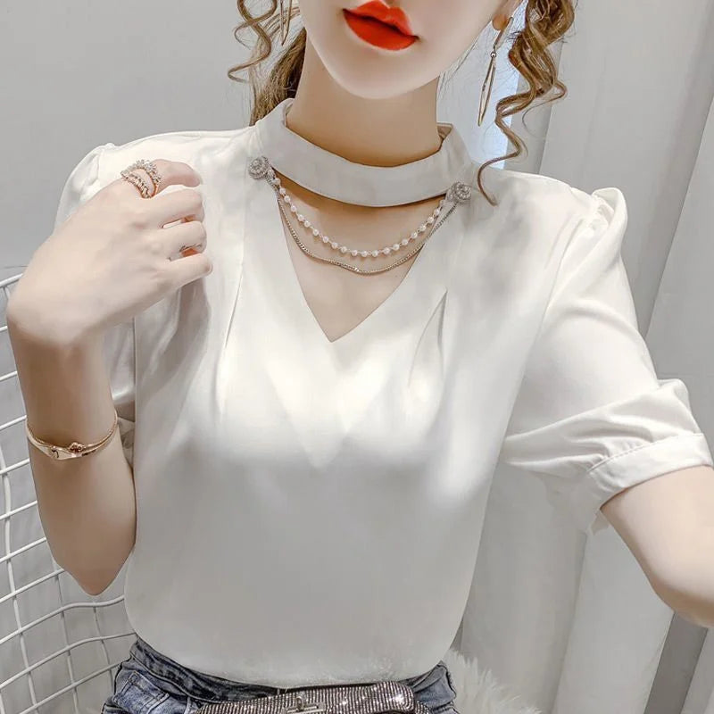 Women Summer Style Blouses Shirts Lady Fashion Casual Puff Short Sleeve O-Neck Solid Pearl Blouses Tops WY0227