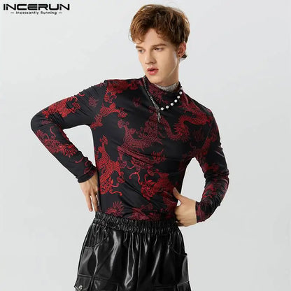 2023 Men T Shirts Vintage Printing Turtleneck Long Sleeve Casual Camisetas Fitness Autumn Streetwear Undershirt S-5XL INCERUN