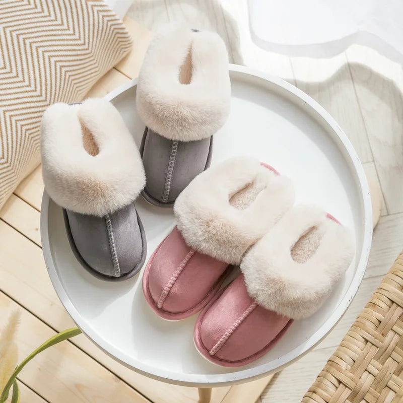 2023 Winter Warm Home Fur Slippers Women Luxury Faux Suede Plush Couple Cotton Shoes Indoor Bedroom Flat Heels Fluffy Slippers