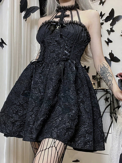 Vestido gótico Dark Mall gótico Emo Jacquard A-line elegante Grunge fruncido vendaje ropa de fiesta Punk negro mujeres Halloween Club vestido