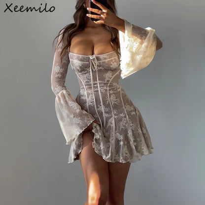 Xeemilo Elegant Print Women Dress Autumn Square-neck long Sleeve Lace Up Mini Dresses Aesthetic Backless Loose Party Club Dress