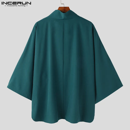 INCERUN-Camiseta de Color liso con cuello alto para hombre, ropa informal coreana con manga 2023, ropa de calle, camisas irregulares holgadas a la moda, 3/4