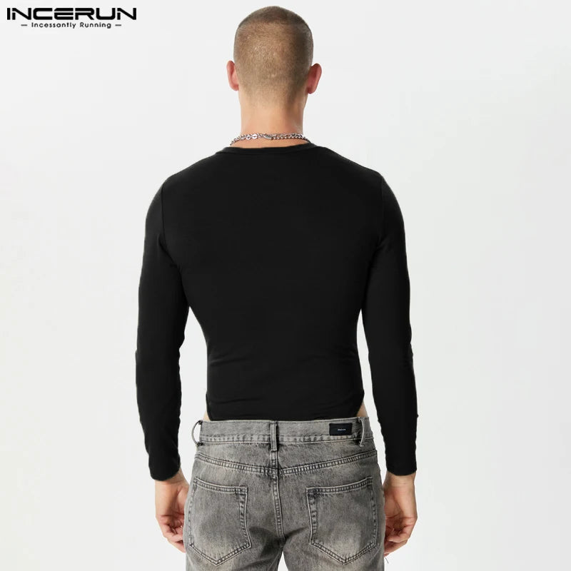 INCERUN – body pour hommes, couleur unie, col rond, manches longues, boutons, Fitness, barboteuse, Streetwear, mode décontractée, 2023, S-5XL