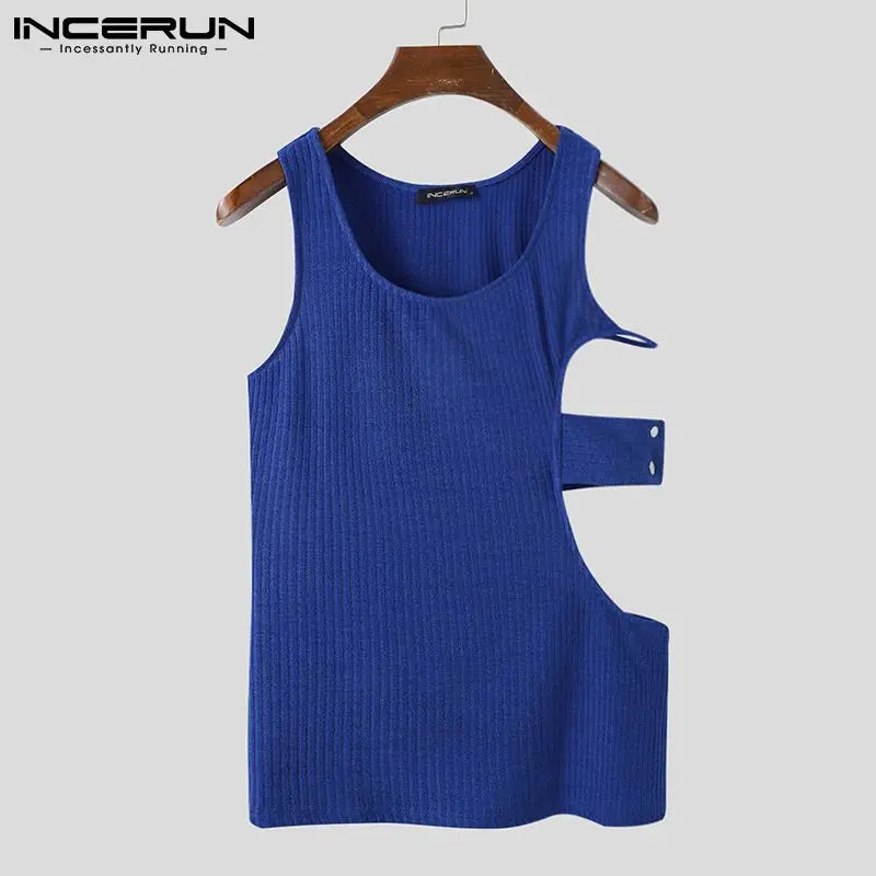 2023 Men Tank Tops Solid Color O-neck Sleeveless Streetwear Hollow Out Irregular Vests Skinny Fashion Sexy Men Clothes INCERUN 7