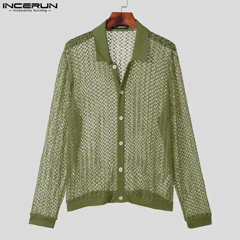 2023 Men Shirt Hollow Out Lapel Long Sleeve Solid Men Clothing Sexy Knitted Streetwear Transparent Unisex Shirts S-5XL INCERUN