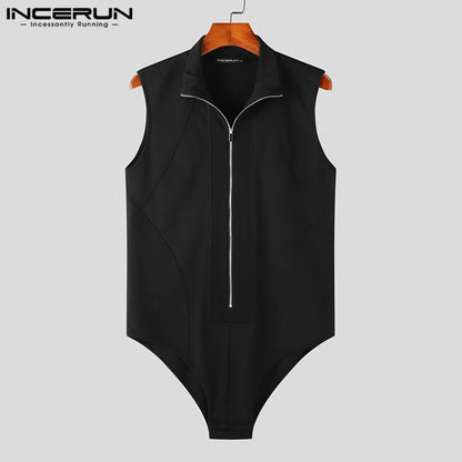 INCERUN – body à revers sans manches pour hommes, Streetwear, fermeture éclair, Fitness, barboteuse, débardeur, couleur unie, Sexy, 2023, S-5XL