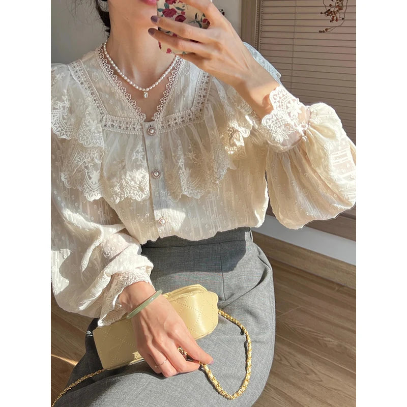 Camisas Vintage francesas de encaje para mujer, blusa elegante de manga larga con volantes, blusas femeninas elegantes de alta calidad para oficina