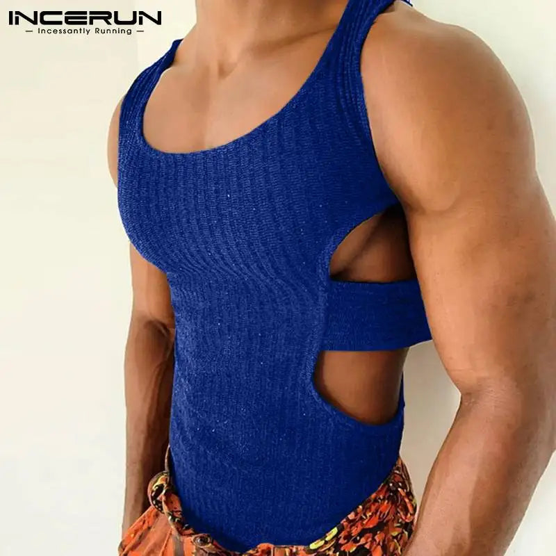 2023 Men Tank Tops Solid Color O-neck Sleeveless Streetwear Hollow Out Irregular Vests Skinny Fashion Sexy Men Clothes INCERUN 7