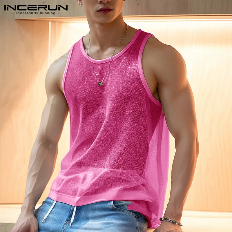 2023 Men Tank Tops Solid O-neck Sleeve Mesh Sexy Vests Streetwear Fashion Party Transparent Casual Men Clothing S-5XL INCERUN