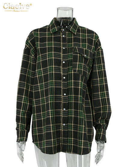 Clacive mode ample Plaid femmes Blouse élégant revers à manches longues bureau chemises et chemisiers Vintage poche à lacets haut femme