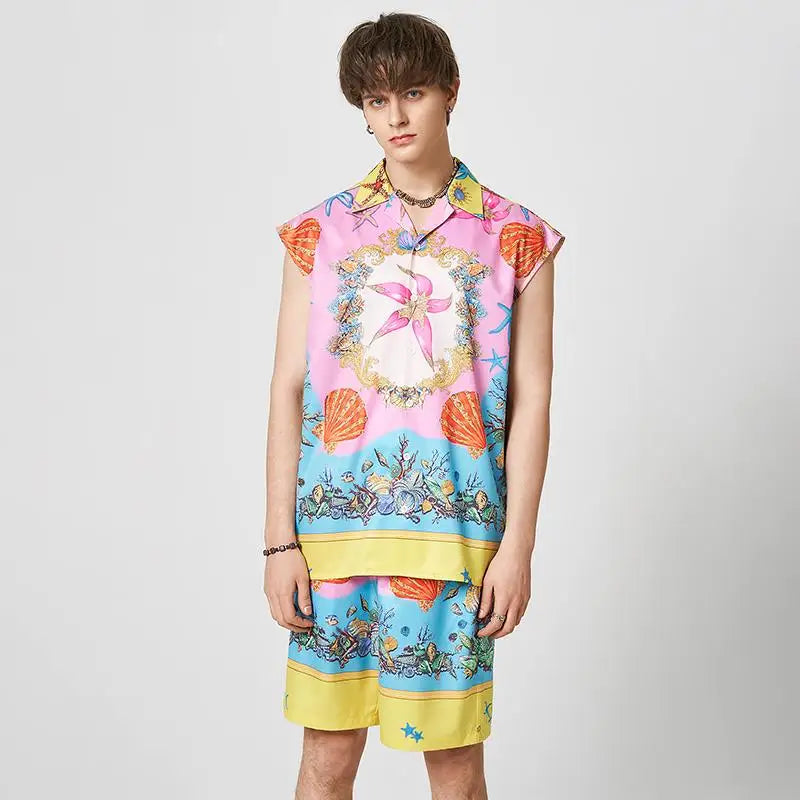 2023 Men Sets Printing Vacation Loose Lapel Sleeveless Shirt & Shorts 2PCS Summer Streetwear Casual Men Hawaiian Suits INCERUN