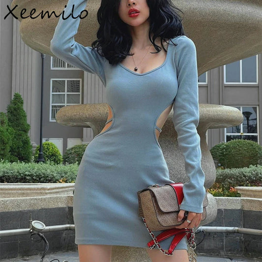 Xeemilo verano azul cintura ahueca hacia fuera el vestido elegante de manga larga con cuello en V espalda descubierta Mini Vestidos 2023 mujeres Sexy fiesta Vestidos de graduación