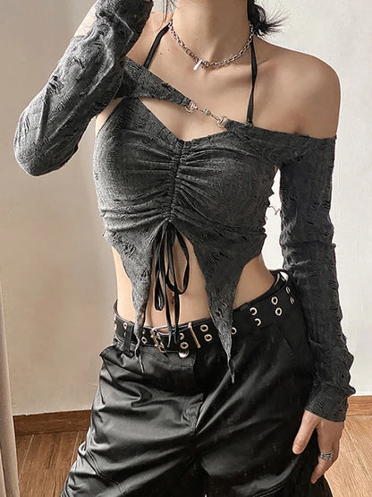 Goth Dark Vintage Mall Gothique Cordon Femmes T-shirts 2 Pièces Ensemble Y2k Rétro Fée Grunge Camisole Manches Longues Boucle Récolte Hauts