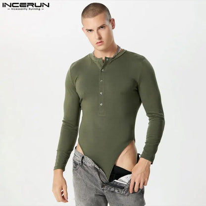 INCERUN – body pour hommes, couleur unie, col rond, manches longues, boutons, Fitness, barboteuse, Streetwear, mode décontractée, 2023, S-5XL