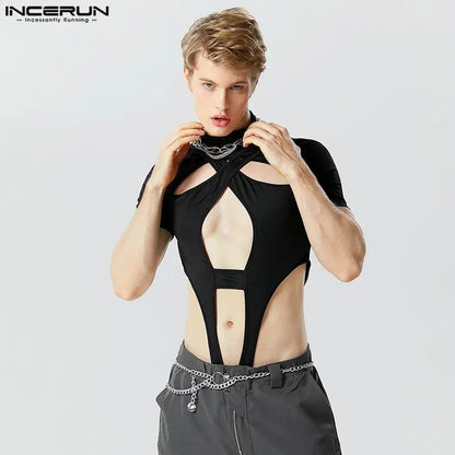 Monos lisos de cuello alto para hombre, peleles de manga corta calados, ropa de calle sexi, monos de moda, camisetas INCERUN 7 2023