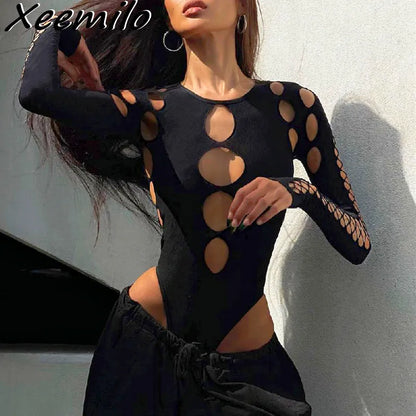 Xeemilo-Body calado de lunares para mujer, camiseta gótica Punk de manga larga, ropa de calle ajustada, monos corpiño ajustados Y2K