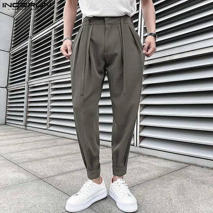 INCERUN-pantalones de moda para hombre, pantalón informal plisado con cordones, ropa informal suelta, pantalones largos de ocio, S-5XL, 2023