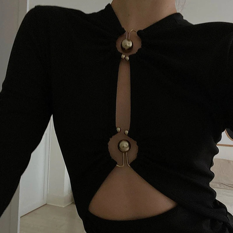 WhereMery-body Sexy de manga larga con agujeros para mujer, corpiño negro con conexión de anillo de Metal, ropa para fiesta y discoteca