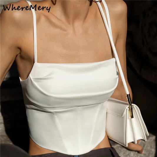 WhereMery-Camiseta sin mangas con tirantes finos para mujer, Top Sexy con espalda descubierta, Tops cortos ajustados, ropa de calle elegante con cordones para fiesta 2023