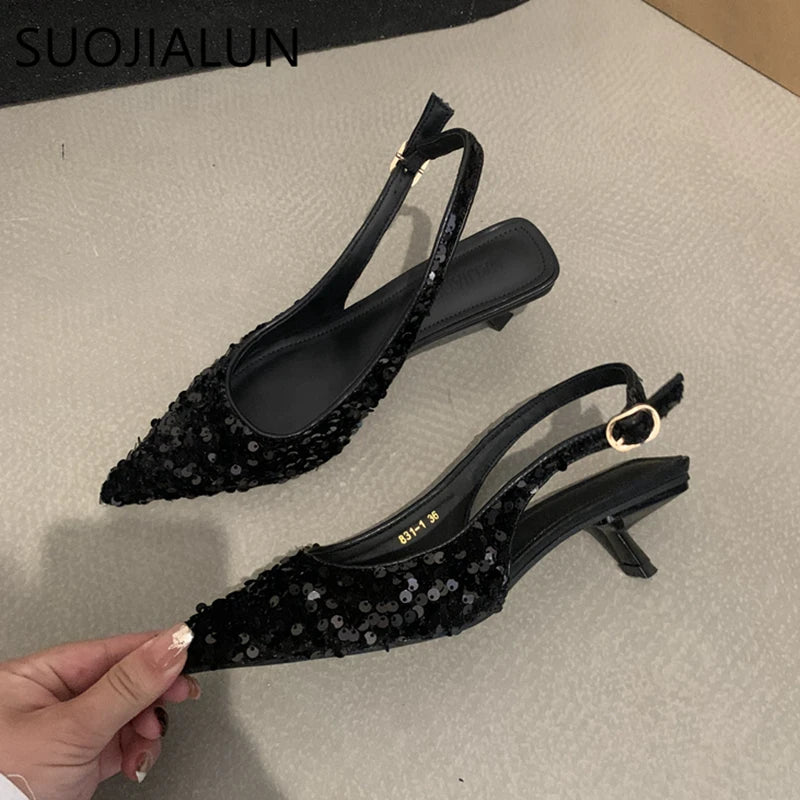 SUOJIALUN 2023 nueva sandalia ostentosa para mujer, moda, puntiagudos, poco profundos, sin cordones, zapatos elegantes para mujer, zapatos de tacón medio