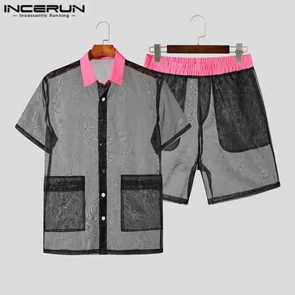 2023 Men Sets Mesh Patchwork Transparent Lapel Short Sleeve Shirt & Shorts 2PCS Streetwear Fashion Sexy Men Suits S-5XL INCERUN